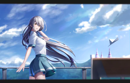 4K Ultra HD anime wallpaper featuring Hitomi Tsukishiro from Iroduku: The World in Colors, standing on a rooftop with flowing hair against a vibrant blue sky.