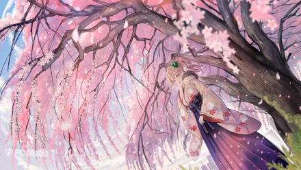 Anime-style original artwork featuring a girl in traditional clothing under blooming cherry blossom trees, designed as a vibrant 4K Ultra HD PC desktop wallpaper.