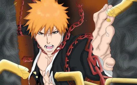 HD anime wallpaper featuring Ichigo Kurosaki from Bleach, showcasing his intense expression and dynamic pose with chains and weapon in a dark, dramatic background.