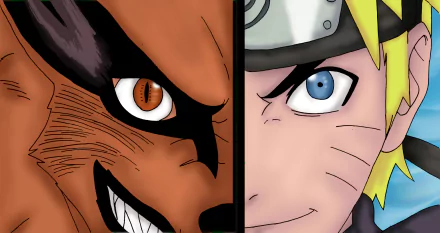 HD PC desktop wallpaper featuring a split image of Naruto Uzumaki and Kurama from the anime Naruto, highlighting their intense eyes and distinct expressions.