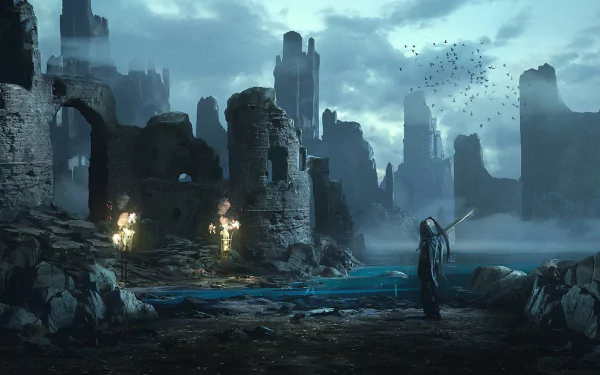 A fantasy warrior holding a sword and torch stands in dark ruins beneath a cloudy sky, surrounded by towering crumbling structures and a flock of birds in the distance.