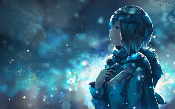 HD desktop wallpaper featuring a contemplative anime girl in a blue scarf, surrounded by a magical, glowing blue light.