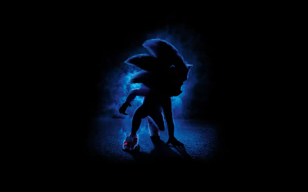 8K Ultra HD PC desktop wallpaper featuring a dark, glowing silhouette of Sonic the Hedgehog from the movie with electric blue accents against a black background.
