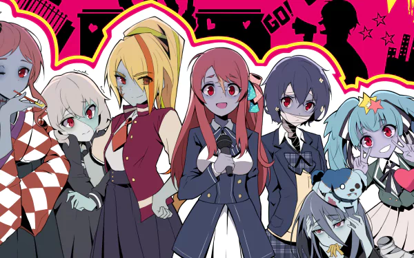 HD desktop wallpaper featuring characters Koutarou Tatsumi, Yuugiri, Tae Yamada, Sakura Minamoto, Saki Nikaidou, Romero, Lily Hoshikawa, Junko Konno, and Ai Mizuno from the anime Zombie Land Saga.