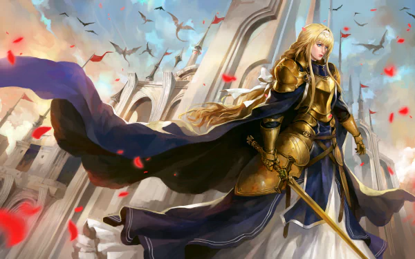 HD desktop wallpaper featuring Alice Zuberg from Sword Art Online: Alicization. She is depicted with blue eyes, long blonde hair, wearing armor and a cape, holding a sword, set against a majestic backdrop.