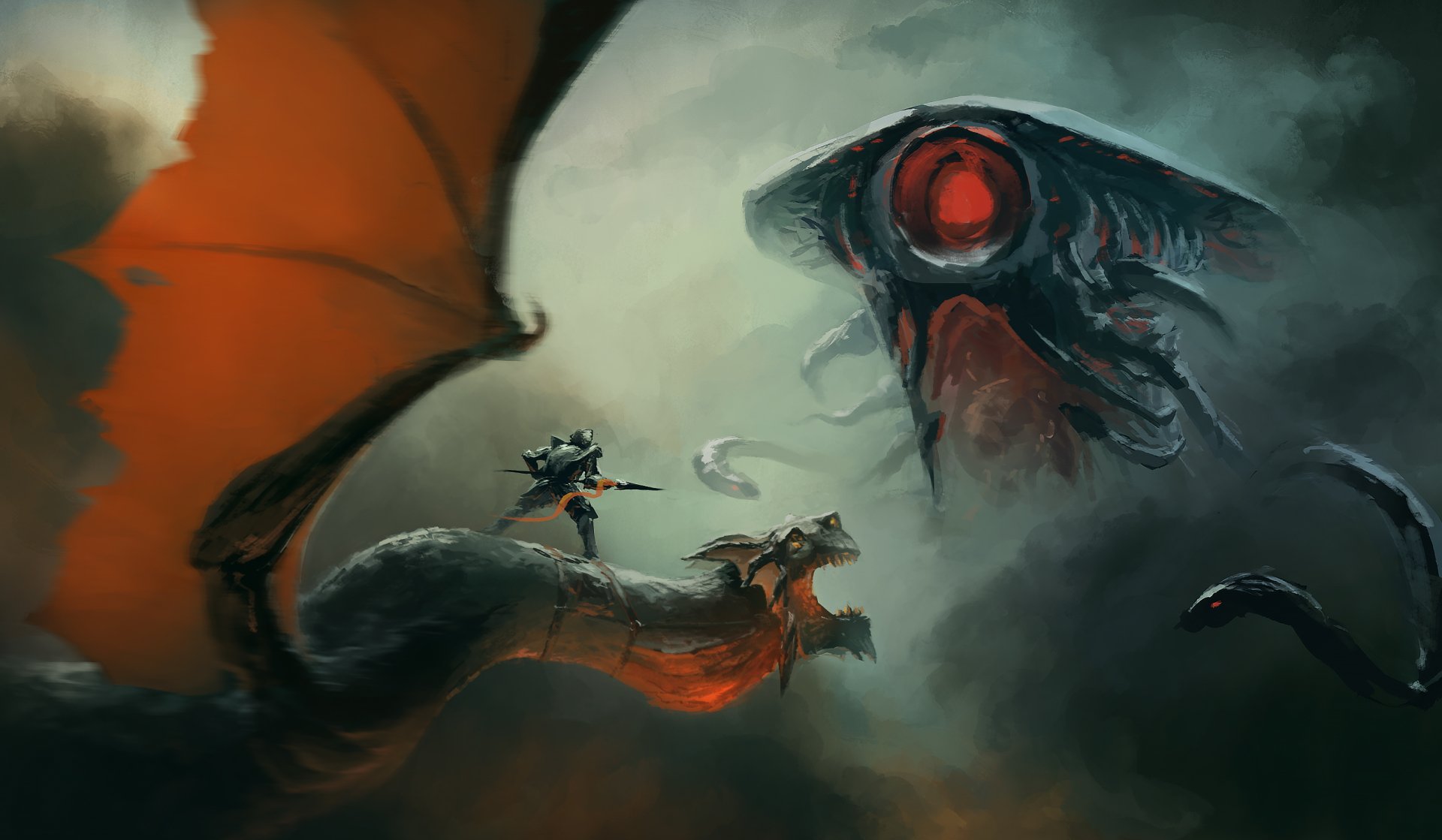 HD sci-fi fantasy wallpaper featuring an alien warrior knight riding a dragon, facing a giant, ominous creature in a dark, atmospheric battle scene.