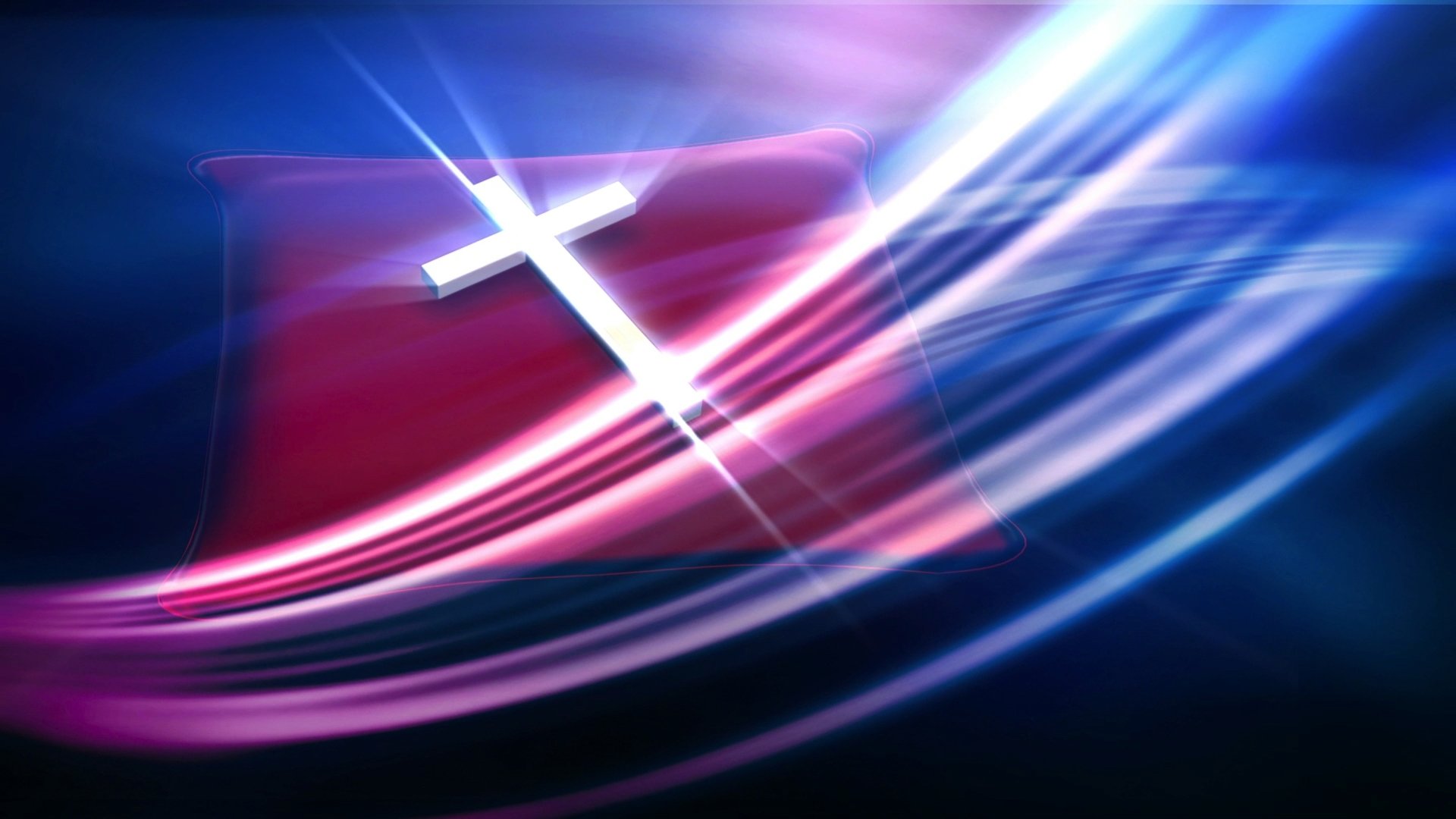 Religious 2K Quad HD PC desktop wallpaper showing a glowing silver cross over a red cloth with blue and pink light streaks.