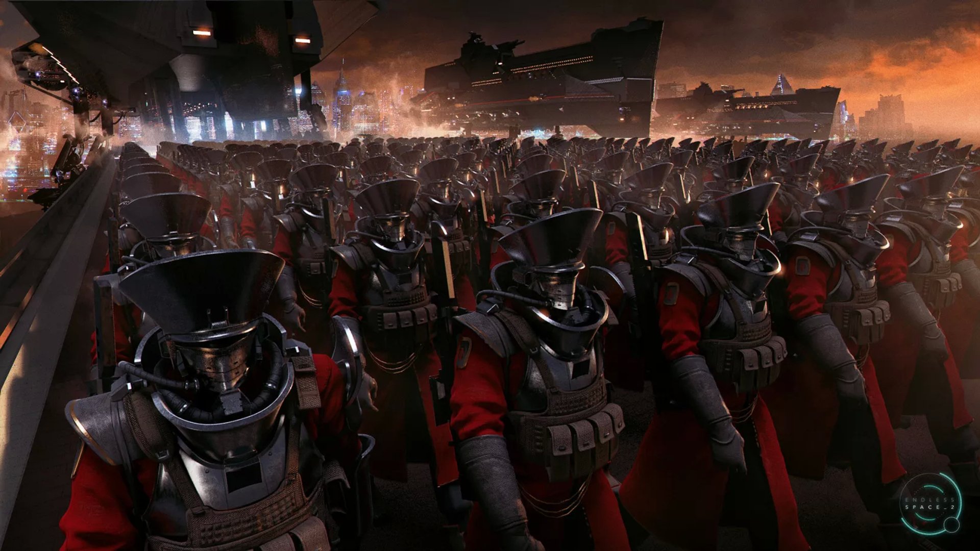 HD PC desktop wallpaper/background from the video game Endless Space 2: ranks of armored, helmeted troopers in red cloaks march beneath a smoky, orange‑lit sci‑fi cityscape.