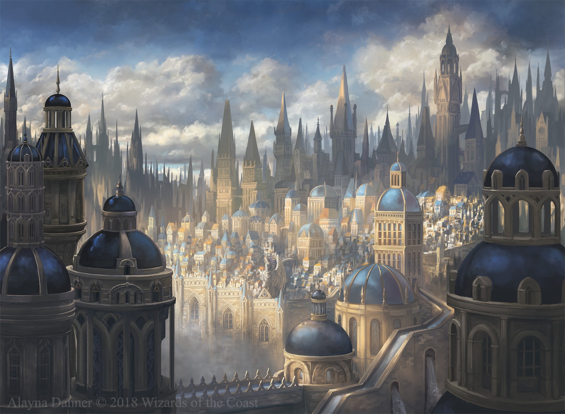 HD PC wallpaper of a sprawling man-made city of ornate buildings, soaring spires and domes, Magic: The Gathering–style architecture bathed in golden light.