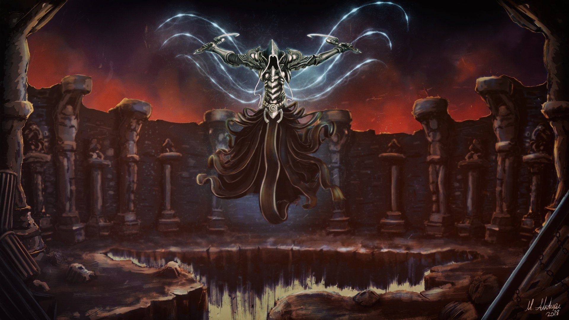 HD PC desktop wallpaper featuring Malthael, the iconic character from the video game Diablo III, surrounded by dark ruins and eerie blue energy.