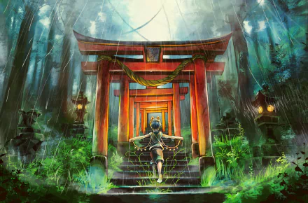 Anime-style HD wallpaper depicting a rain-soaked forest shrine with red torii gates and stone stairs, featuring a lone figure walking upward through the misty, lush greenery.