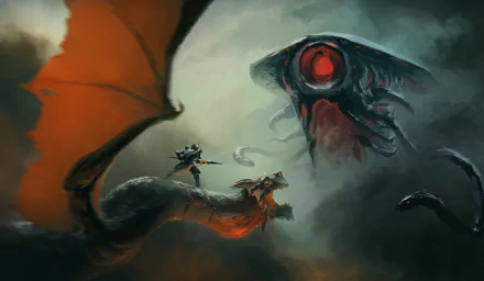 HD sci-fi fantasy wallpaper featuring an alien warrior knight riding a dragon, facing a giant, ominous creature in a dark, atmospheric battle scene.