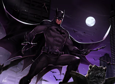 DC Comics comic Batman in a dramatic pose on a Gotham rooftop, cape billowing under a full moon — 2K Quad HD PC desktop wallpaper/background.