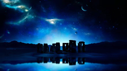 A fantasy landscape featuring Stonehenge under a vibrant, starry night sky with glowing celestial bodies, designed as an HD PC desktop wallpaper background.