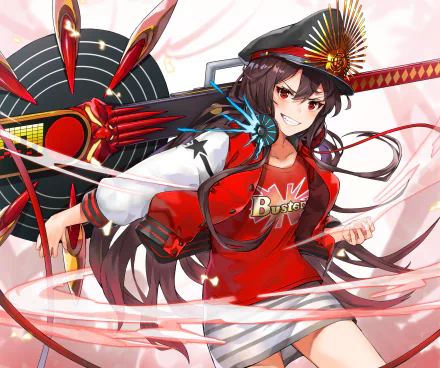 Anime-style HD desktop wallpaper of Oda Nobunaga from Fate/Grand Order with long brown hair, red eyes, headphones, a cap, jacket, skirt, and a confident blush.