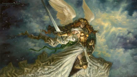 A powerful angel warrior from Magic: The Gathering, clad in ornate armor and wielding a sword, stands against a mystical sky, embodying the sublime fantasy theme of the game.
