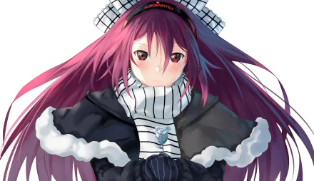 HD anime-style original artwork of a girl with long purple hair, wearing a black and white winter outfit with a striped scarf, designed as a PC desktop wallpaper.