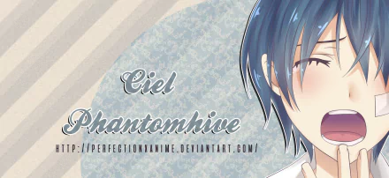 Close-up of Ciel Phantomhive from Black Butler in anime style, HD PC desktop wallpaper with a patterned backdrop and elegant script reading Ciel Phantomhive.