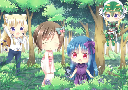 HD anime-style original desktop wallpaper featuring four chibi characters in a vibrant forest setting with lush greenery and playful expressions.
