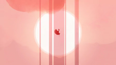 HD desktop wallpaper featuring a scene from the game Gris, with soft pink hues and a silhouette of the character amidst light beams.