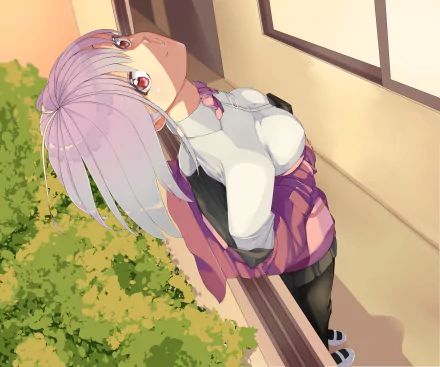 HD wallpaper featuring Akane Shinjou from the anime SSSS.Gridman. She is leaning out of a window with a curious expression, against a backdrop of greenery and school setting.