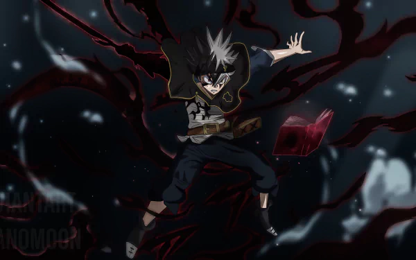An intense HD wallpaper featuring Asta from Black Clover in an action pose with dark energy and a floating grimoire, set against a dark, swirling background.