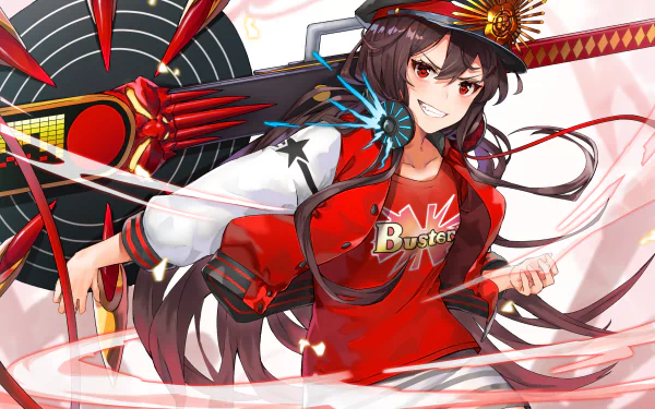Anime-style HD desktop wallpaper of Oda Nobunaga from Fate/Grand Order with long brown hair, red eyes, headphones, a cap, jacket, skirt, and a confident blush.