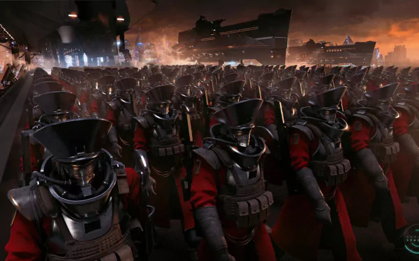 HD PC desktop wallpaper/background from the video game Endless Space 2: ranks of armored, helmeted troopers in red cloaks march beneath a smoky, orange‑lit sci‑fi cityscape.