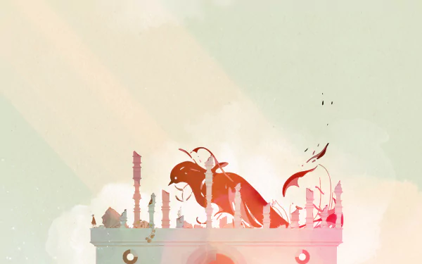 HD desktop wallpaper featuring an artistic depiction of the video game Gris, with abstract and colorful background elements.
