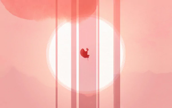 HD desktop wallpaper featuring a scene from the game Gris, with soft pink hues and a silhouette of the character amidst light beams.