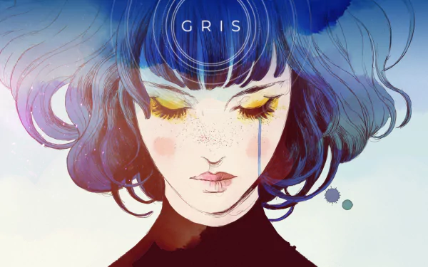HD wallpaper featuring an artistic depiction of a character from the game Gris with vibrant, swirling hair and a serene expression.