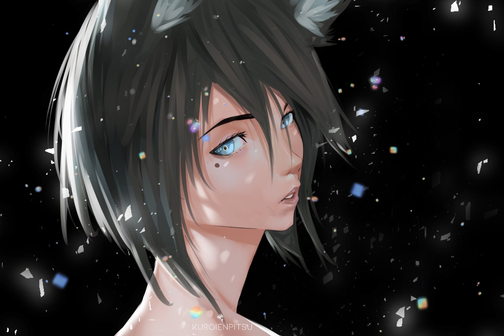 HD anime-style original artwork of a character with short dark hair and striking blue eyes, set against a dark, starry background for a PC desktop wallpaper.
