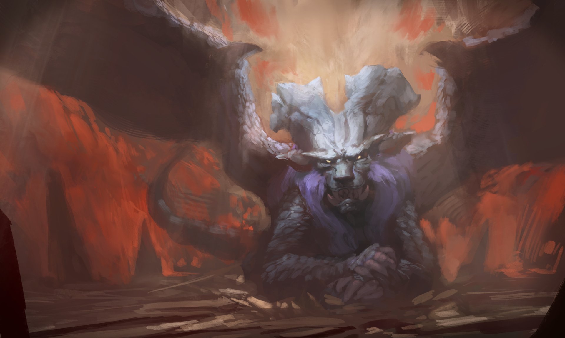 A fantasy dragon with large horns and glowing eyes emerges from a fiery, rocky landscape in this detailed 4K Ultra HD PC desktop wallpaper.