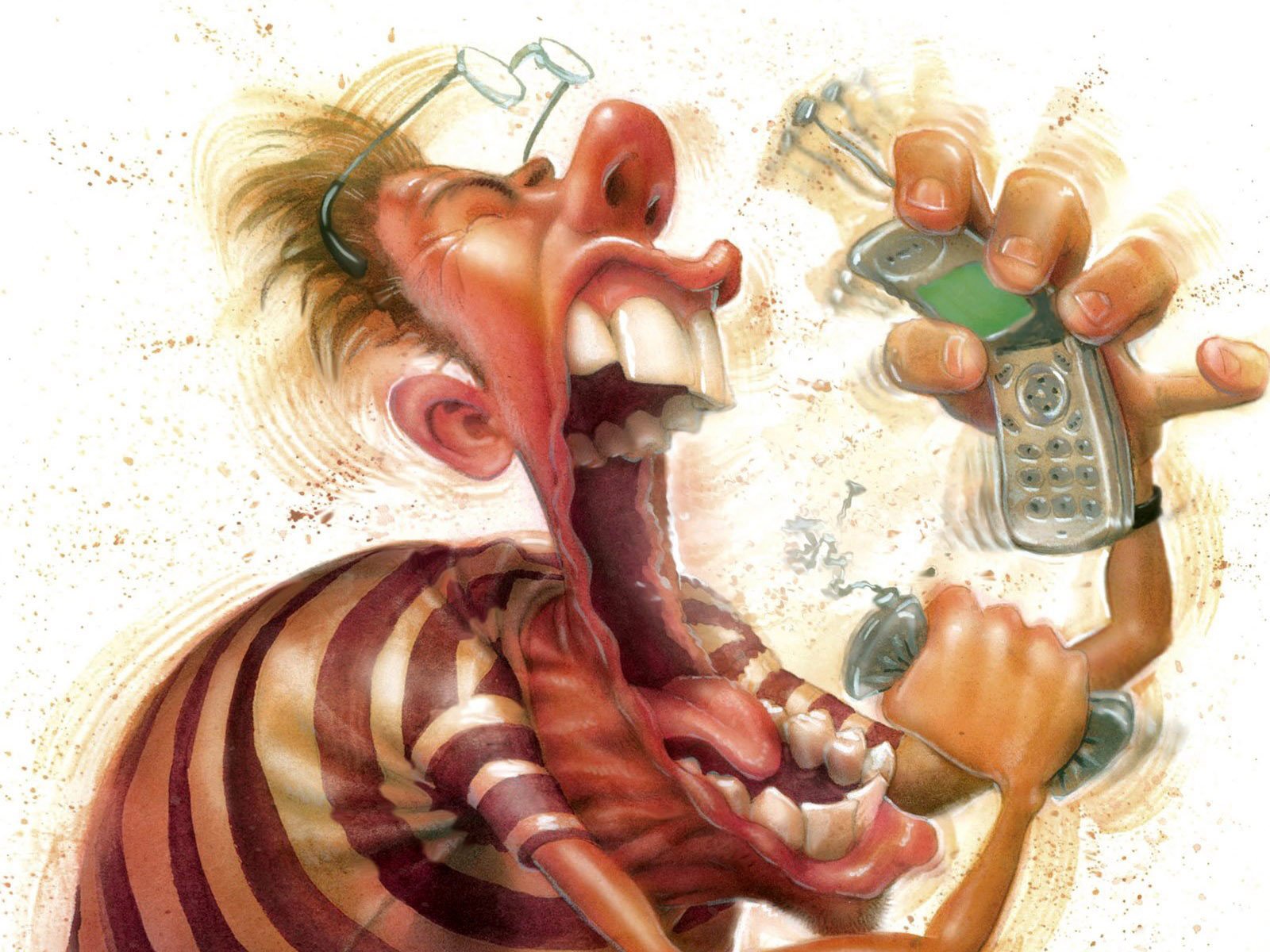 Cartoon-style HD PC desktop wallpaper of a funny character yelling into a phone with exaggerated facial features and expressions.