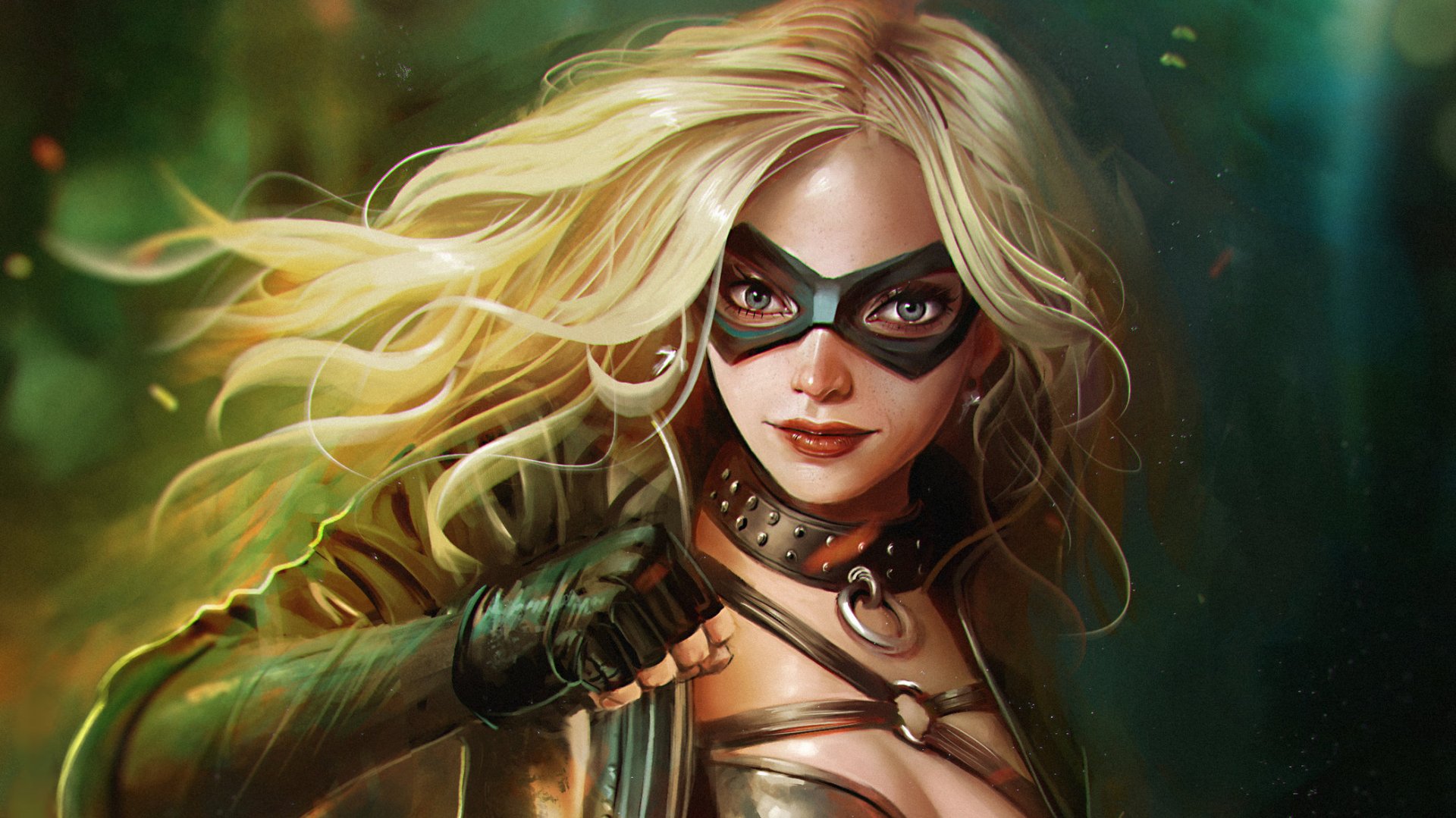 HD PC desktop wallpaper featuring Black Canary from DC Comics, showcasing her iconic blonde hair, black mask, and leather outfit in a dynamic, detailed comic style.