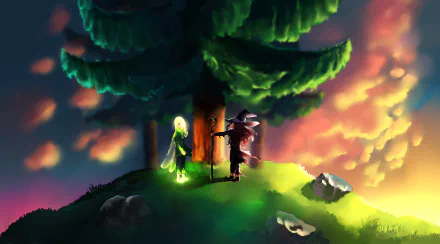 Anime-style original 5K PC desktop wallpaper of a fairy with glowing wings meeting a witch on a hill at sunset, vibrant clouds and trees in the background.