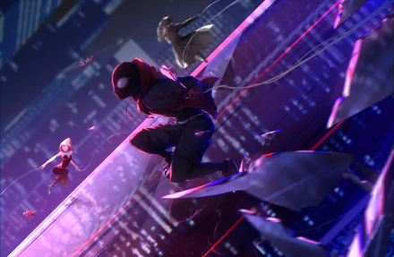 HD wallpaper featuring Spider-Gwen, Spider-Ham, Spider-Man Noir, and Miles Morales from Spider-Man: Into The Spider-Verse, showcasing them swinging through a vibrant cityscape.