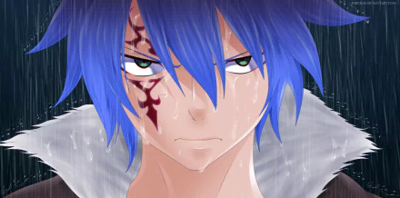 Rain-soaked close-up of Jellal Fernandes (Fairy Tail), blue hair and facial tattoo, intense green eyes — HD PC desktop wallpaper/background.