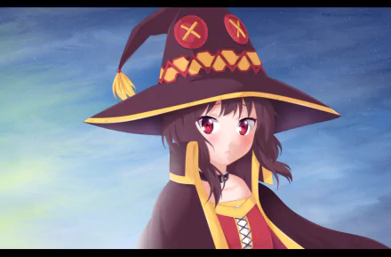 HD desktop wallpaper featuring Megumin from the anime KonoSuba: God’s Blessing on This Wonderful World! in her signature outfit with a starry night sky background.