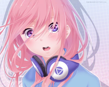 Anime-style illustration of Miku Nakano from The Quintessential Quintuplets, showcasing her with blush and purple eyes. She is wearing headphones around her neck. This HD image is a desktop wallpaper.