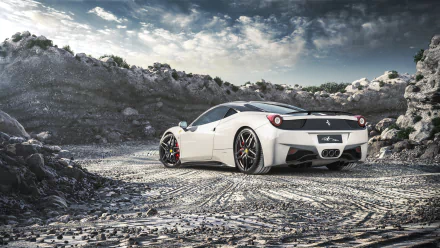 White Ferrari 458 Italia supercar parked on rocky terrain under a dramatic sky — 2K Quad HD PC desktop wallpaper/background.