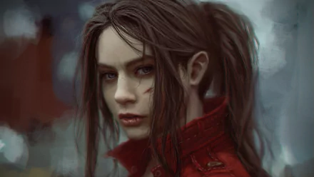 HD desktop wallpaper featuring Claire Redfield from the video game Resident Evil 2 (2019), showcasing her intense gaze and signature red jacket.