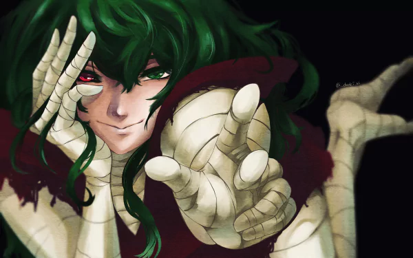 HD anime desktop wallpaper featuring Eto Yoshimura from Tokyo Ghoul:re with striking green hair and intense red eyes, reaching forward against a dark background.