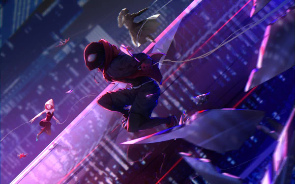 HD wallpaper featuring Spider-Gwen, Spider-Ham, Spider-Man Noir, and Miles Morales from Spider-Man: Into The Spider-Verse, showcasing them swinging through a vibrant cityscape.