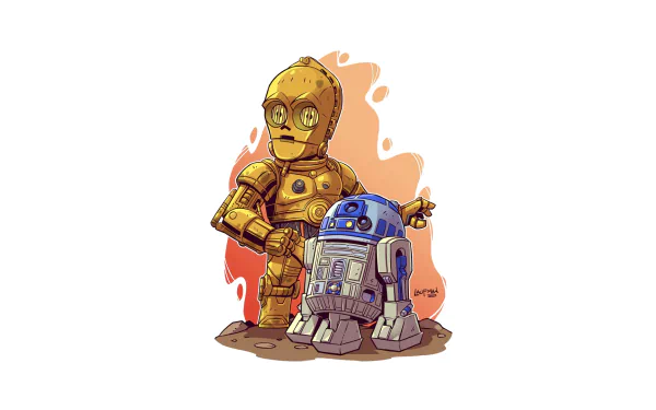 HD PC desktop wallpaper/background: colorful sci‑fi Star Wars illustration of droids C‑3PO and R2‑D2 standing together.