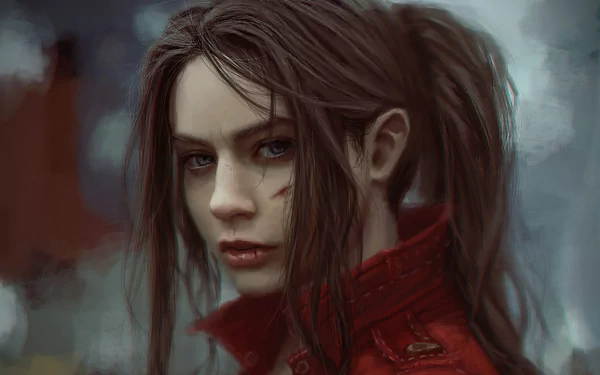 HD desktop wallpaper featuring Claire Redfield from the video game Resident Evil 2 (2019), showcasing her intense gaze and signature red jacket.