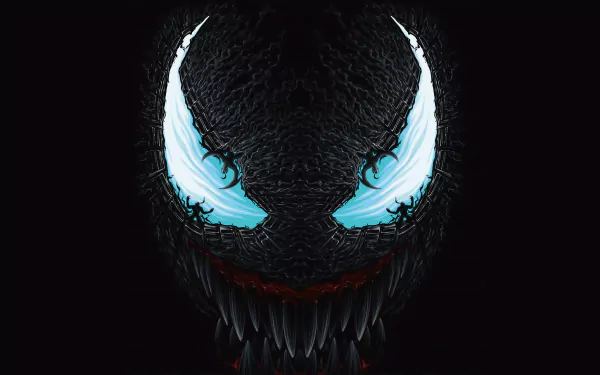 Close-up of Riot from Marvel Comics' Venom movie, depicted in dark tones with glowing blue eyes and sharp teeth against a black background, 8K Ultra HD wallpaper.