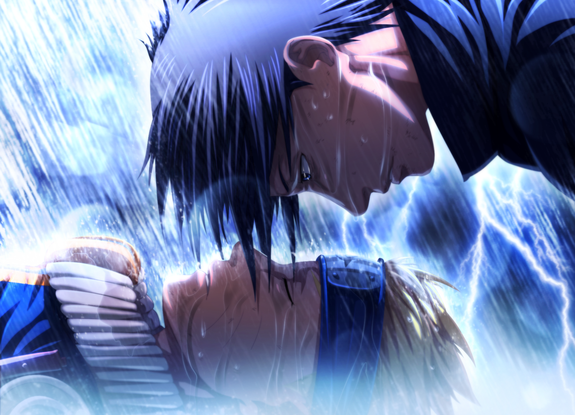 HD wallpaper featuring Sasuke Uchiha and Naruto Uzumaki from the anime Naruto, set in a dramatic rain-soaked scene with a lightning backdrop.