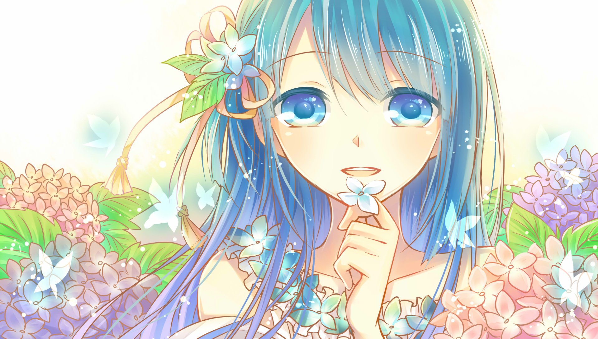 HD anime-style original artwork featuring a blue-haired girl with bright blue eyes surrounded by colorful flowers, designed as a vibrant PC desktop wallpaper.