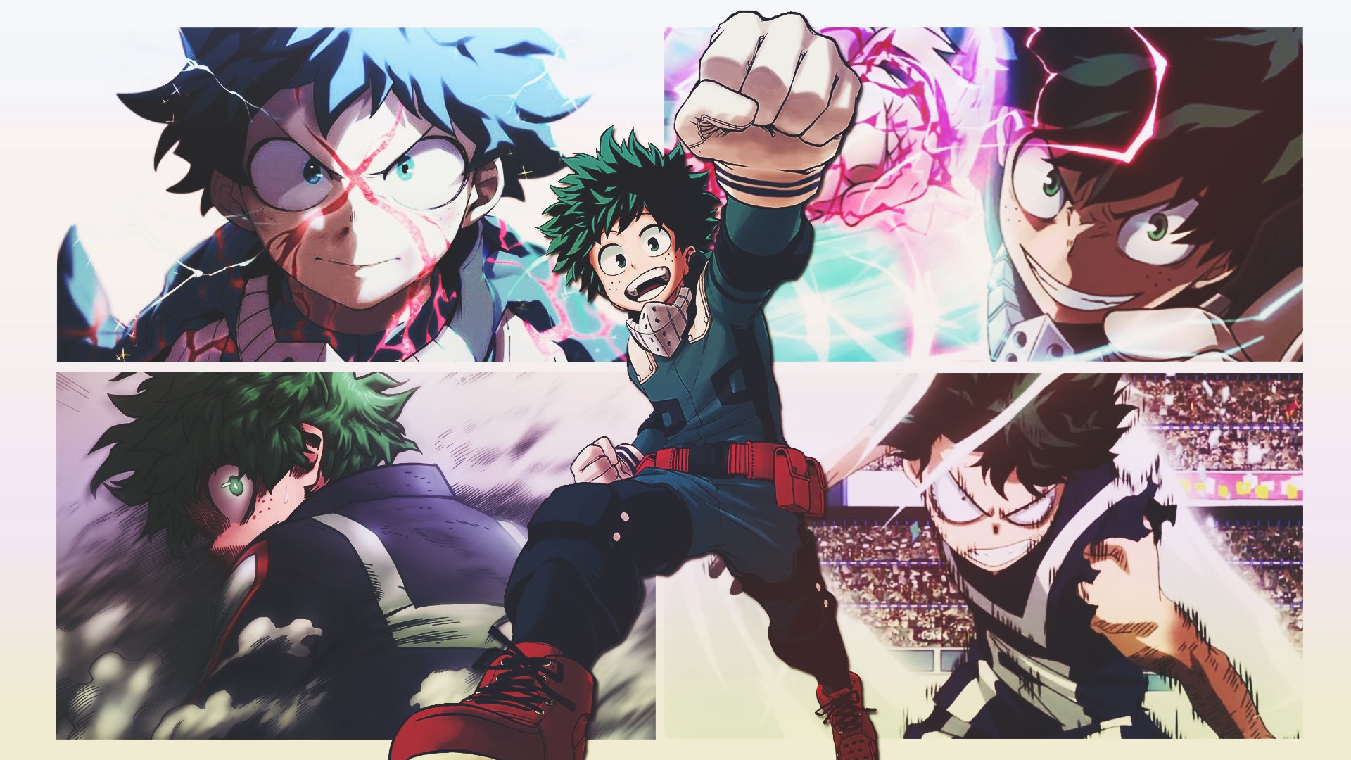 HD desktop wallpaper of Izuku Midoriya from My Hero Academia, featuring various dynamic and intense scenes of the character in action.